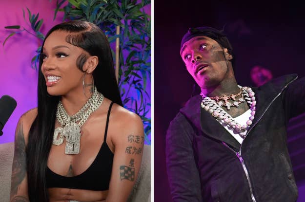 Split image: Left, Cardi B in a black outfit and jewelry; Right, Travis Scott in a casual jacket performing