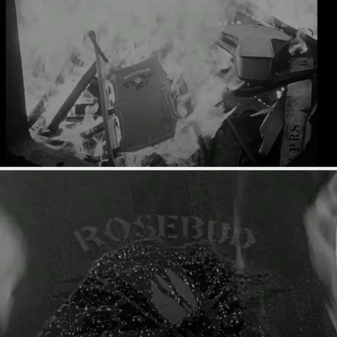 Film frames showing a sled with &quot;ROSEBUD&quot; burning in a furnace