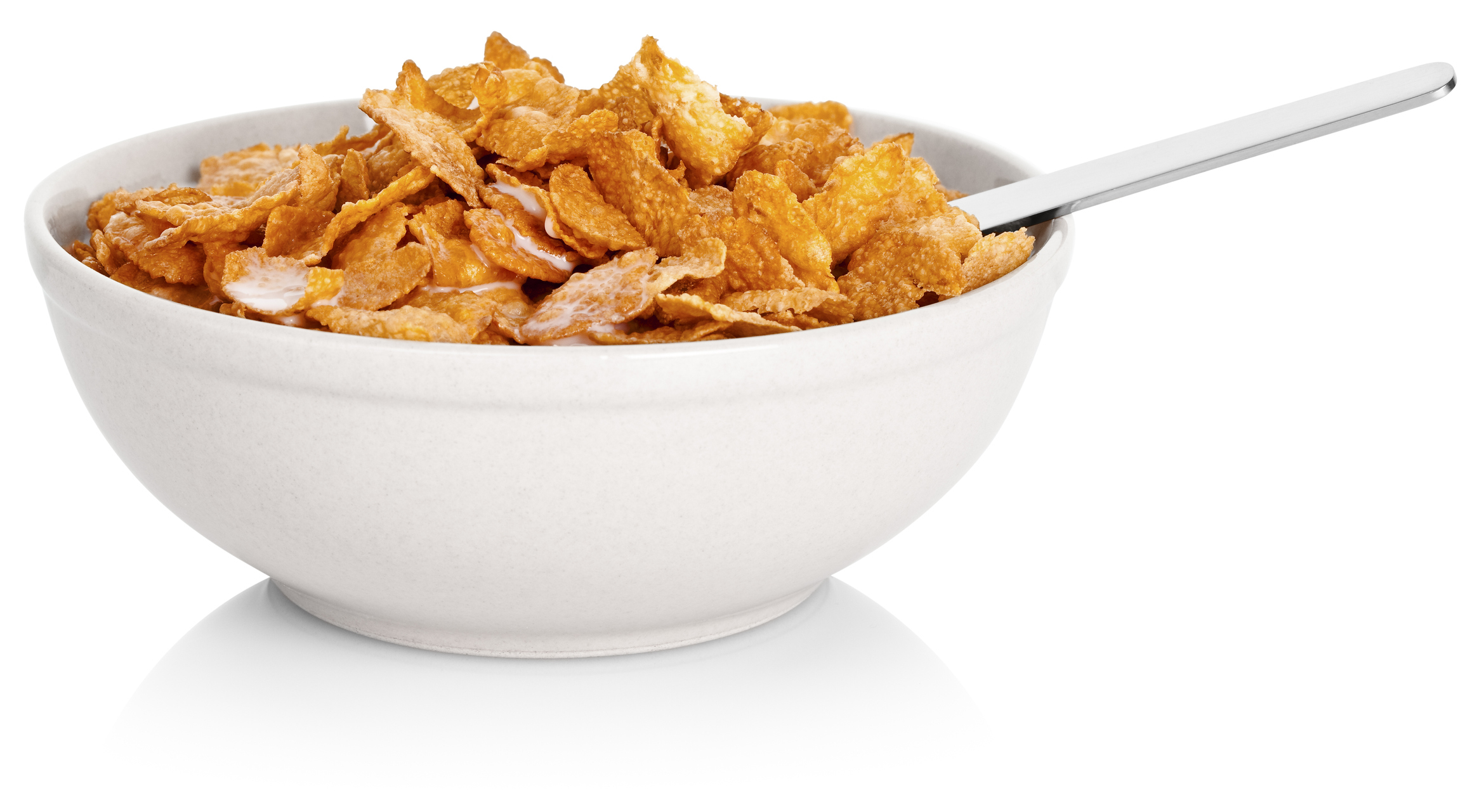 Bowl of cereal with a spoon, on a white background