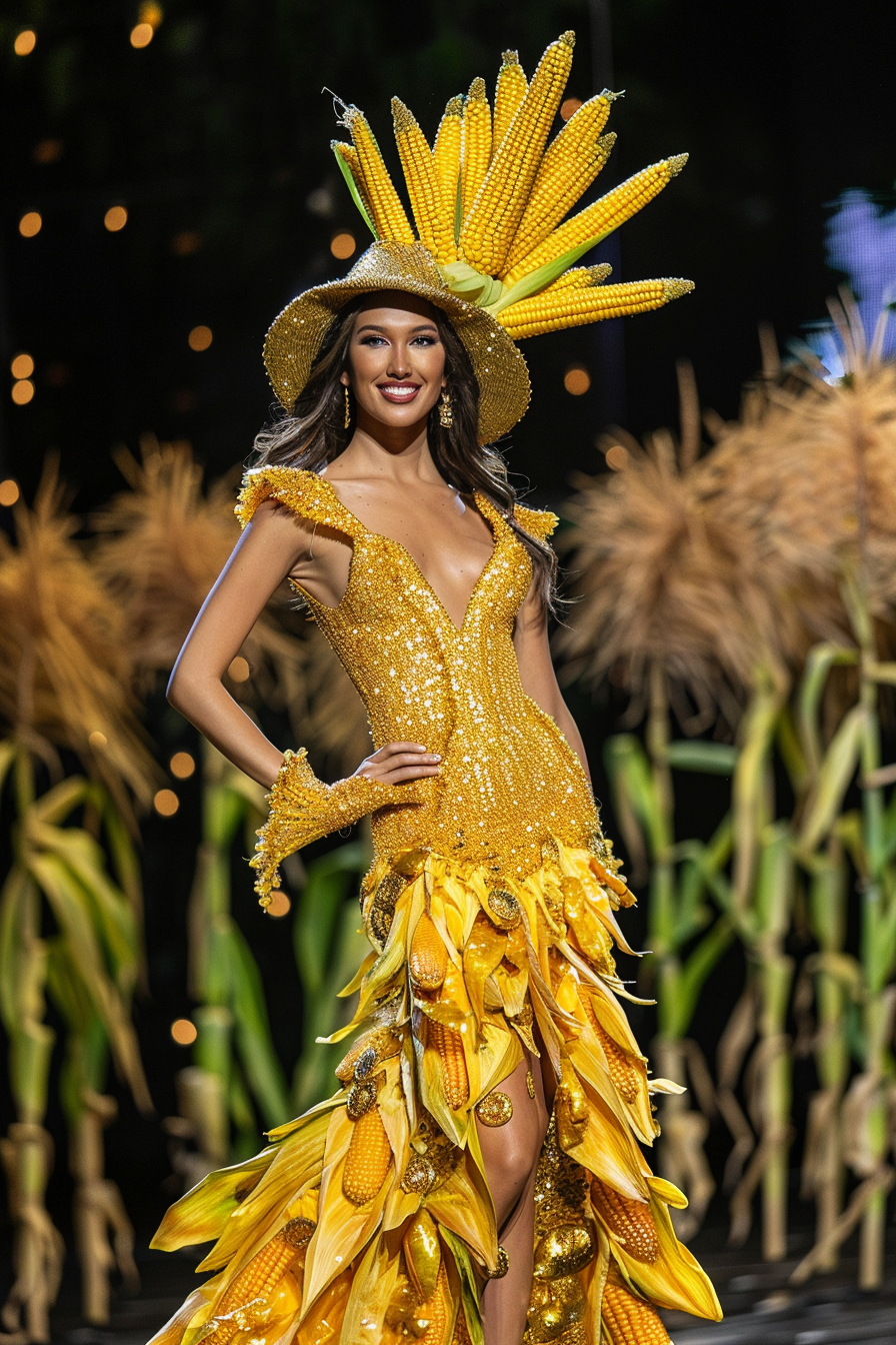 Woman in ornate yellow dress and hat decorated with corn motif
