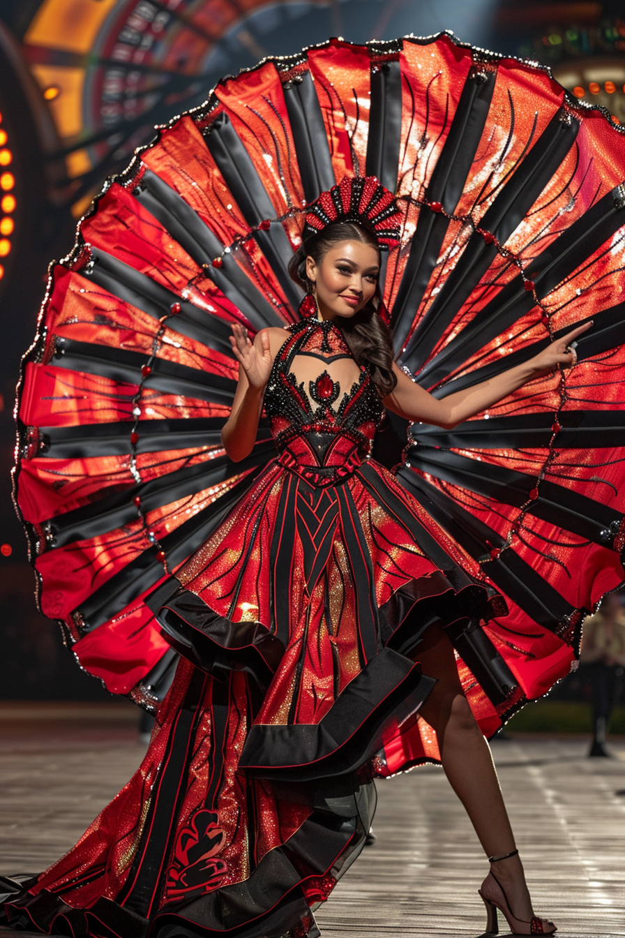 Model on runway in elaborate red and black dress with expansive fan-like attachment