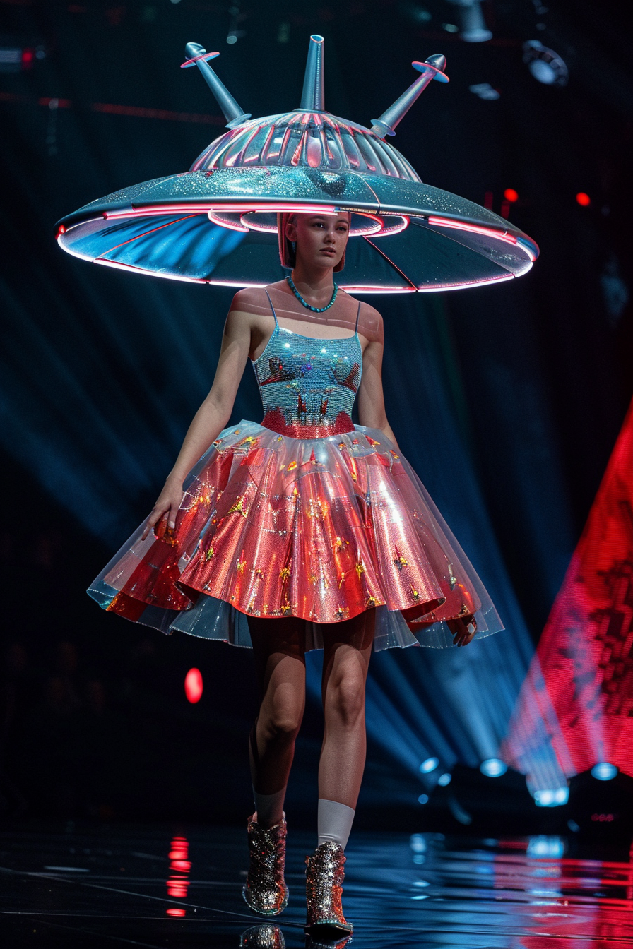 Model on runway wearing a futuristic dress with LED lights and a large illuminated UFO headpiece