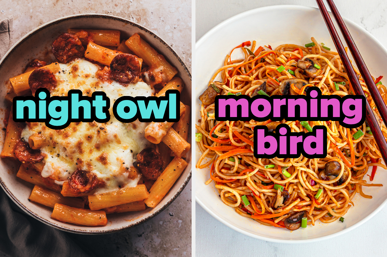 On the left, a bowl of rigatoni with marinara sauce and cheese labeled night owl, and on the right, a bowl of chow mein labeled morning bird
