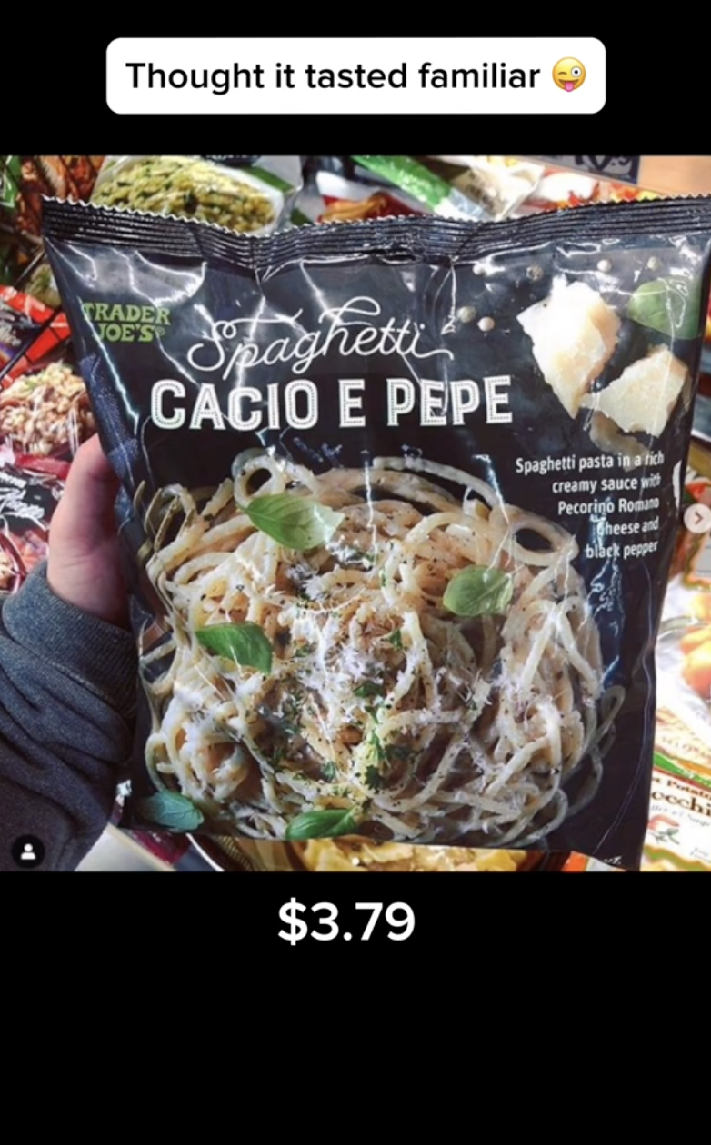 Hand holding a Trader Joe&#x27;s Spaghetti cacio e pepe package in a store aisle; price is $3.79, captioned, &quot;Thought it tasted familiar&quot;