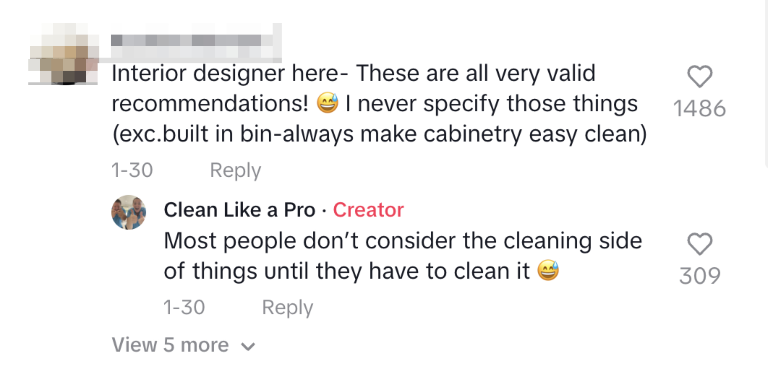 Two user comments on a social platform discussing interior design and cleaning considerations