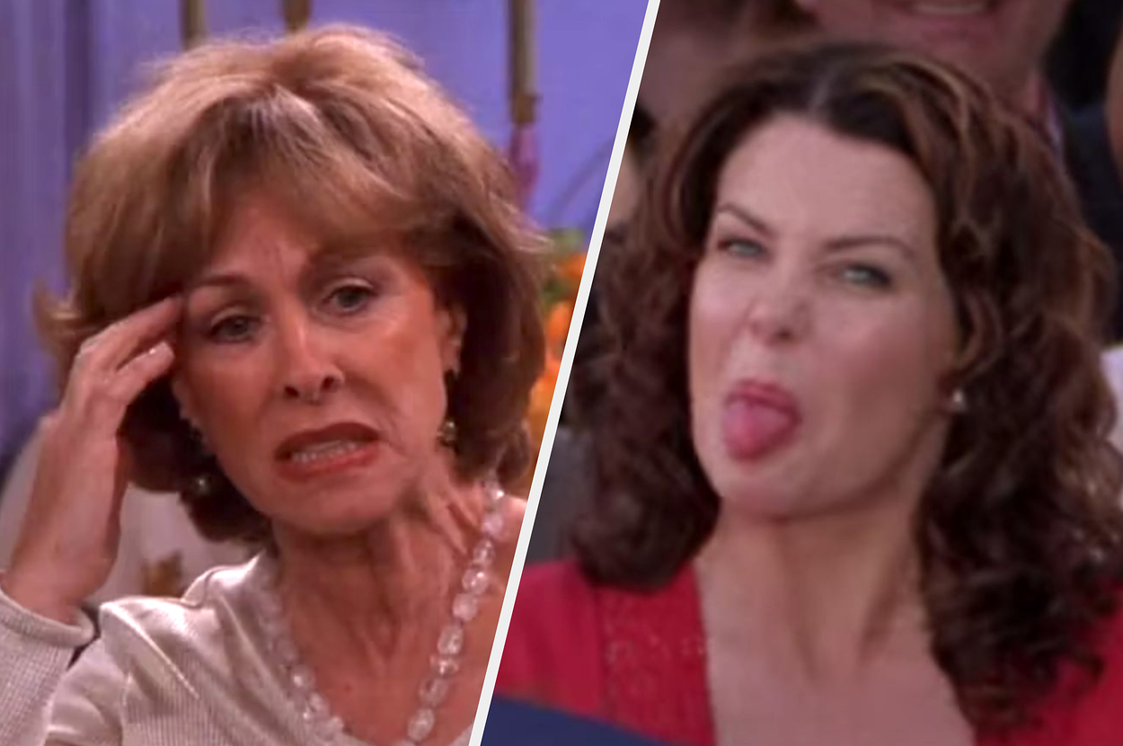 Judy Geller looking concerned and Lorelai Gilmore sticking her tongue out.