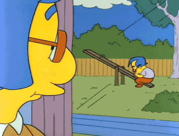 Animated characters Homer and Maggie from &#x27;The Simpsons&#x27; are on a seesaw