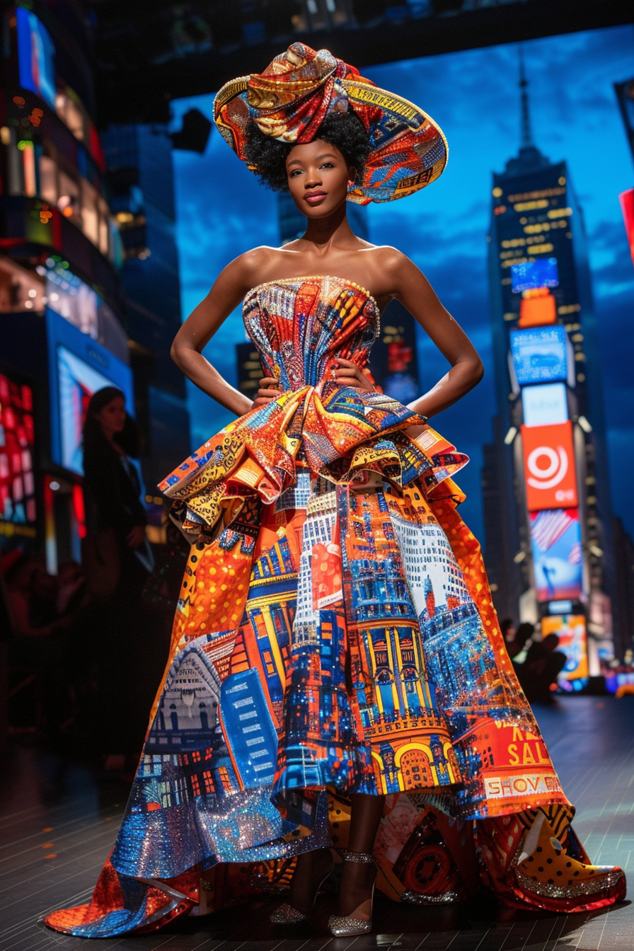 Model wearing an elaborate cityscape-themed gown and headpiece