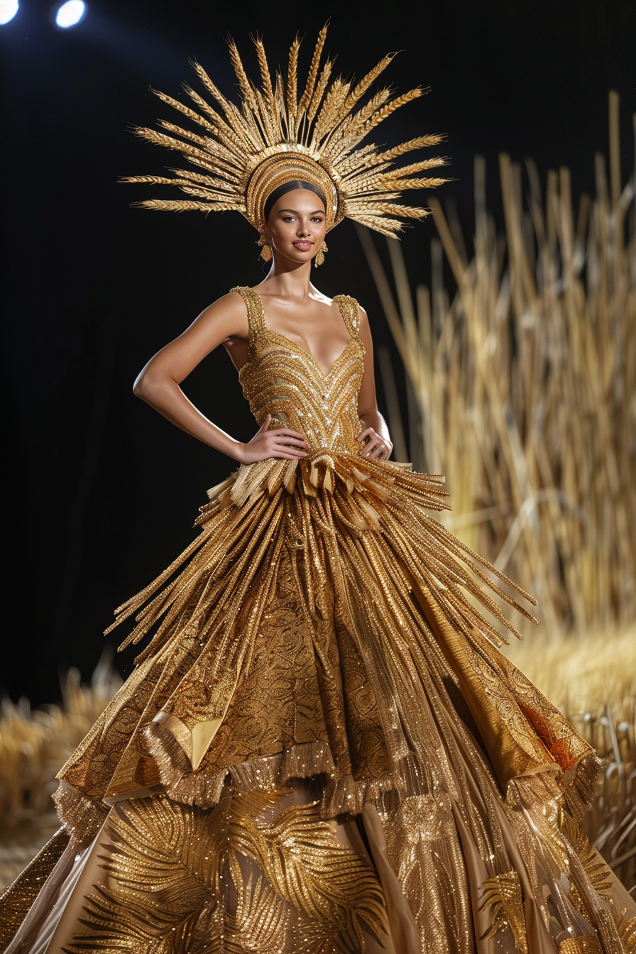 Woman in elaborate golden gown and headdress, hands on hips, posing against a wheat field backdrop