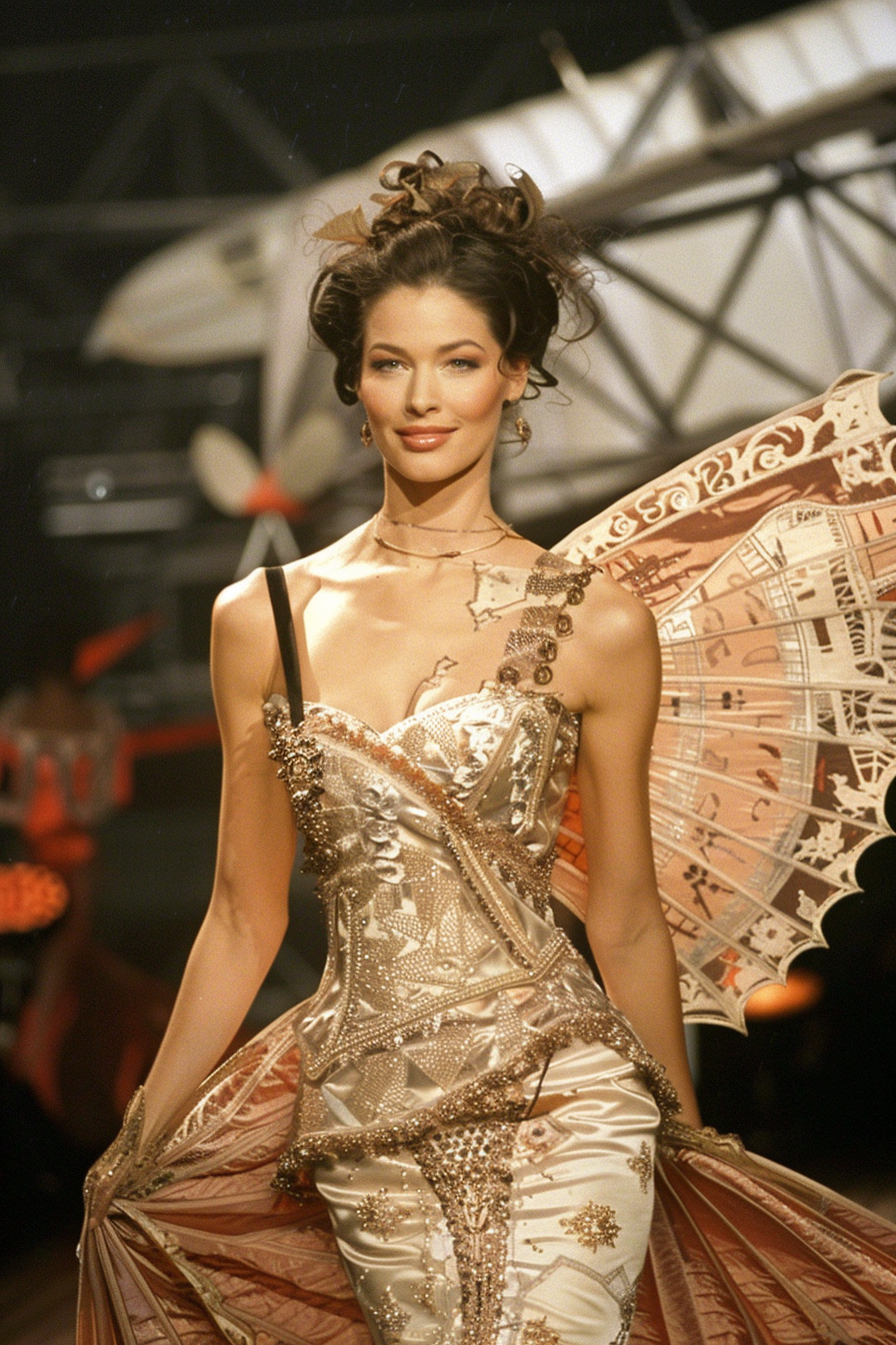 Woman in embellished gown with wing-like attachment, posing on a runway