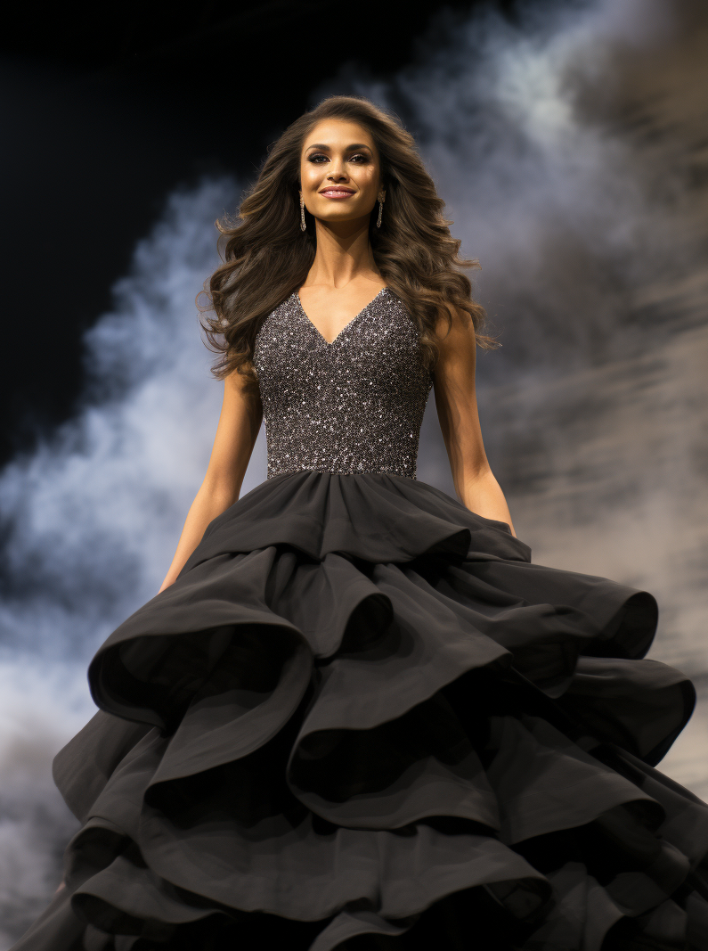 Woman in a sparkling top and black tiered gown walks on stage