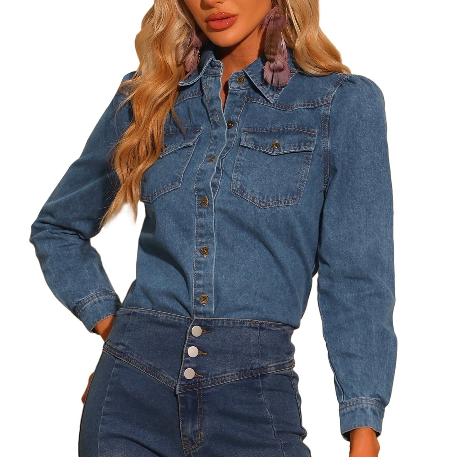 model in a denim shirt and high-waisted jeans