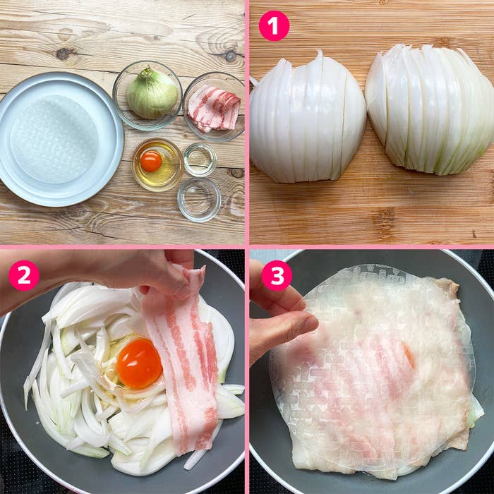 玉ねぎを使った料理の手順を示す4枚の画像。