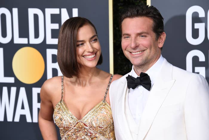 Irina Shayk in a sequined gown beside Bradley Cooper in a tuxedo at the Golden Globe Awards