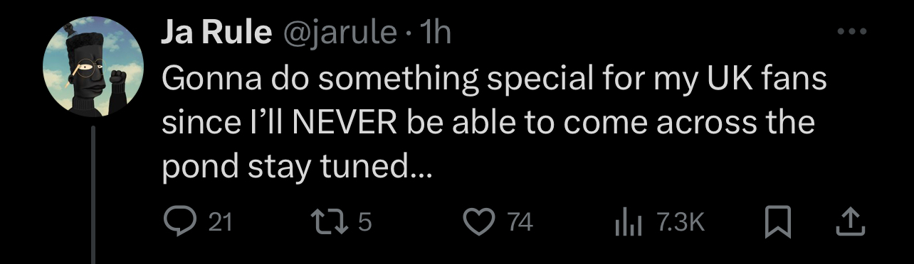 Ja Rule&#x27;s tweet hinting at a special announcement for UK fans, expressing inability to travel there