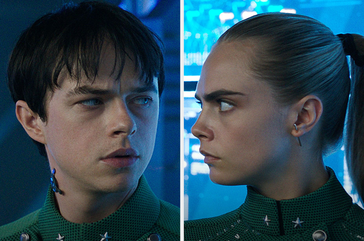 Side-by-side close-ups of characters Paul Atreides and Chani in a scene from a film