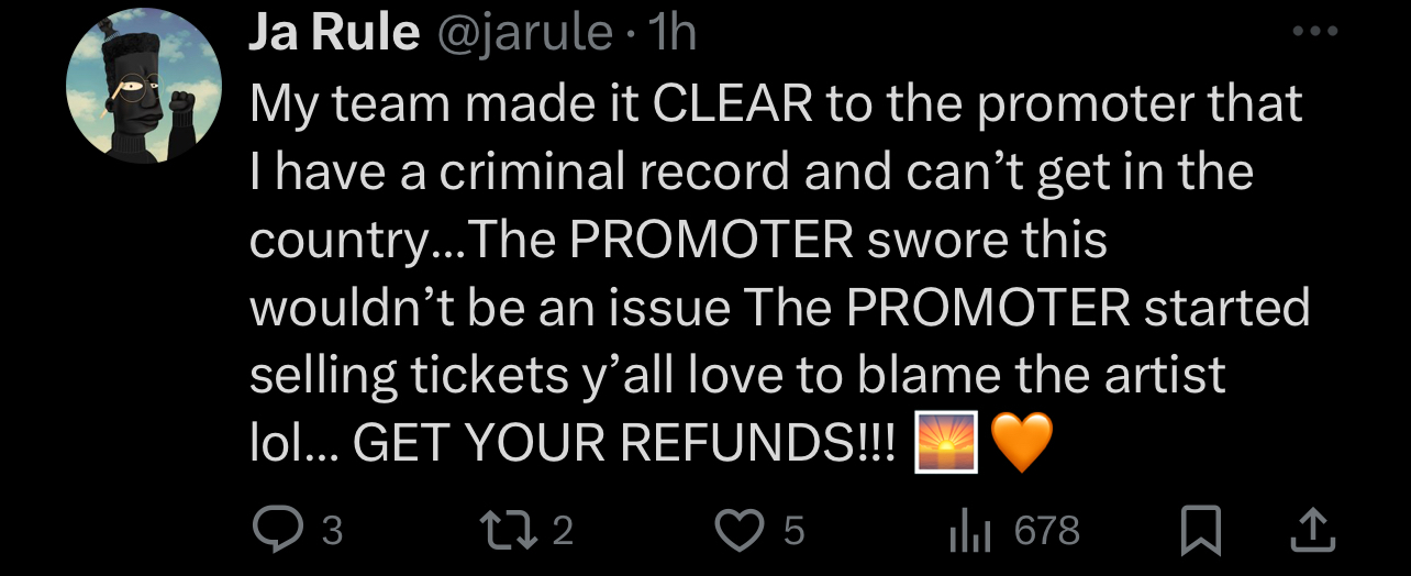 Tweet from Ja Rule stating issues with a promoter, advises to get refunds for an event