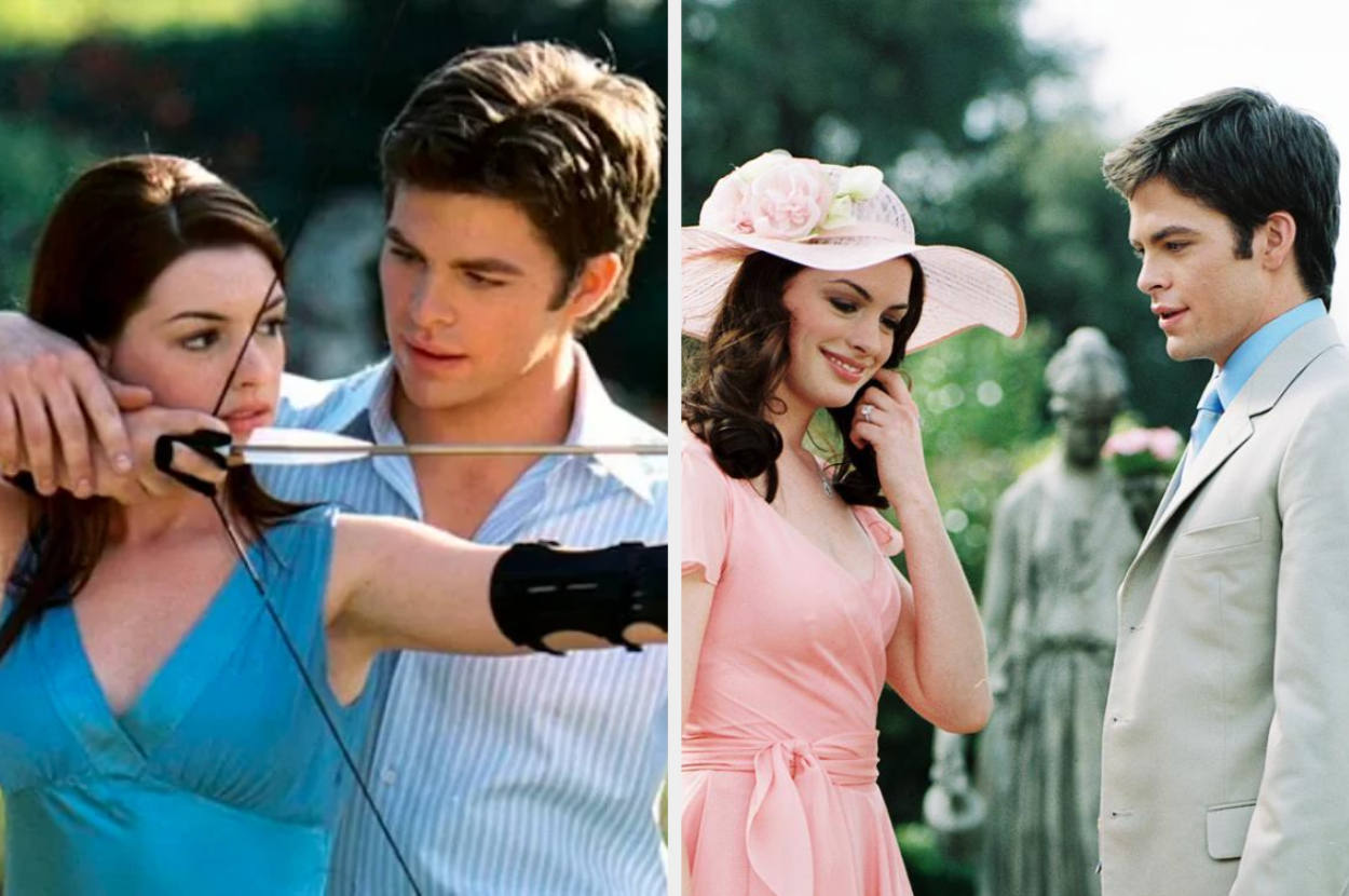 Split image: Left shows Rory and Dean from Gilmore Girls in formal wear; right shows Lorelai and Luke posing, Lorelai in a hat