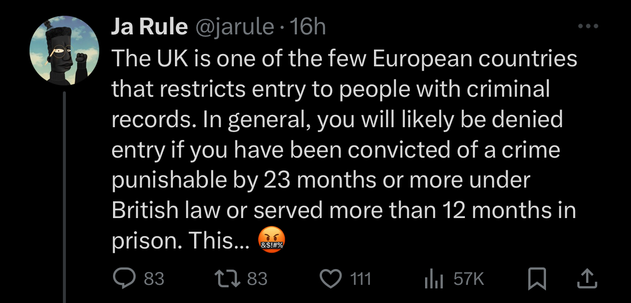Ja Rule tweets about UK&#x27;s entry criteria relating to criminal records and conviction duration for denial of entry