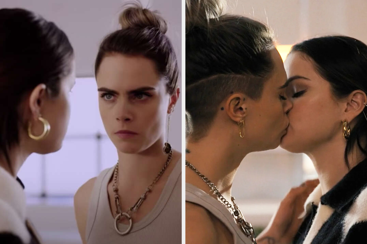 Split image showing a woman looking surprised on the left and the same woman kissing another woman on the right