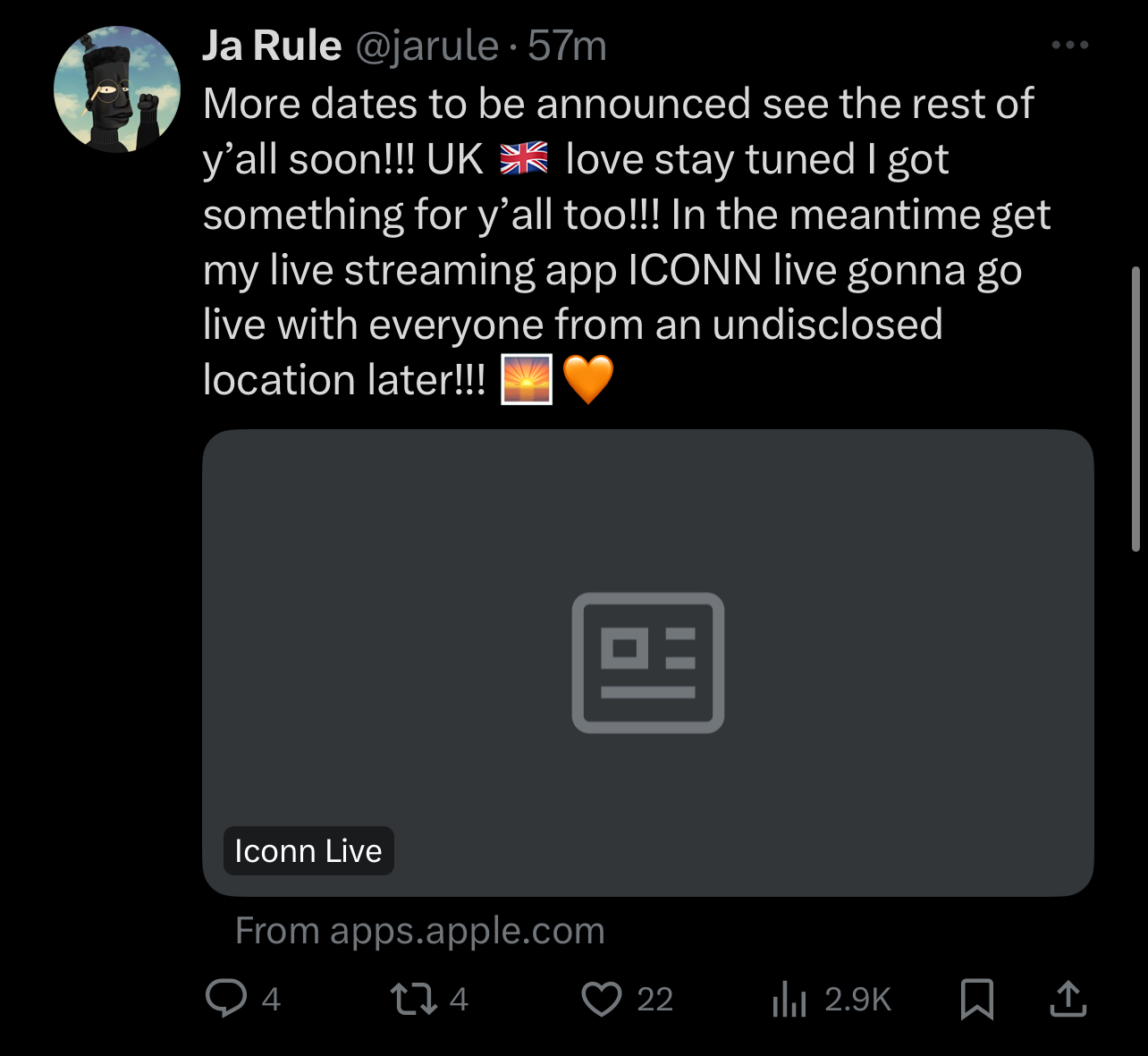 Post by Ja Rule promoting an upcoming live event on Iconn Live, teasing a special location. He encourages UK fans to stay tuned