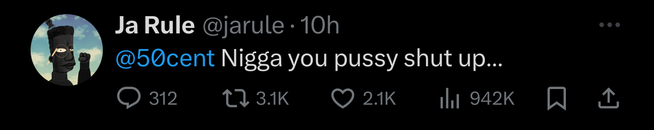 The image is a tweet from Ja Rule directed at 50 Cent containing explicit language and has received various reactions from users