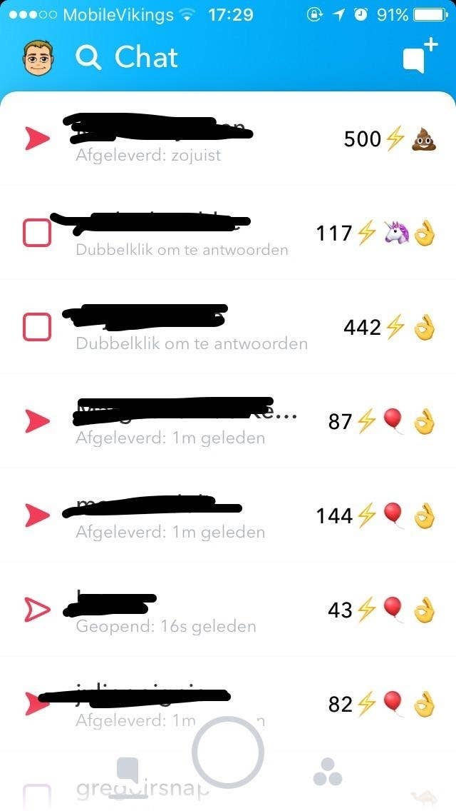 Screenshot of a Snapchat Chat screen with various messages, some delivered and one opened, displaying emojis and score numbers