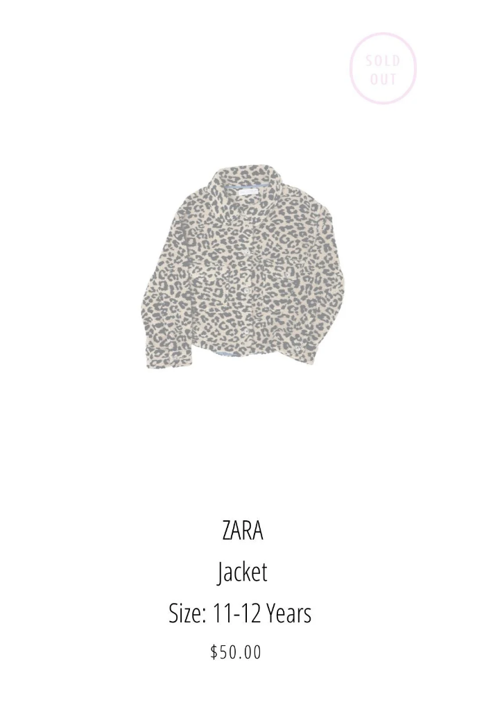 Sold-out ZARA kids&#x27; jacket with a leopard print, size 11-12 years, priced at $50.00