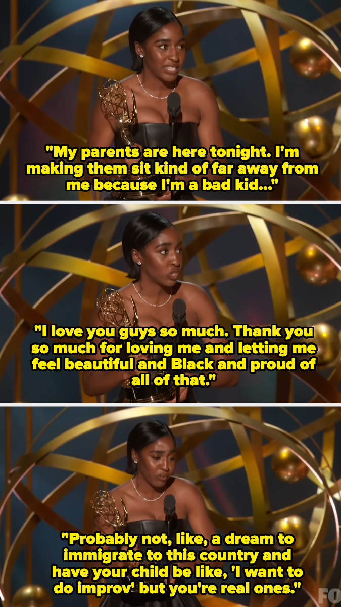 Ayo Edebiri on stage at Emmy awards holding a microphone, delivering a speech with emotional expressions and thanking her parents with a joke about her doing improv
