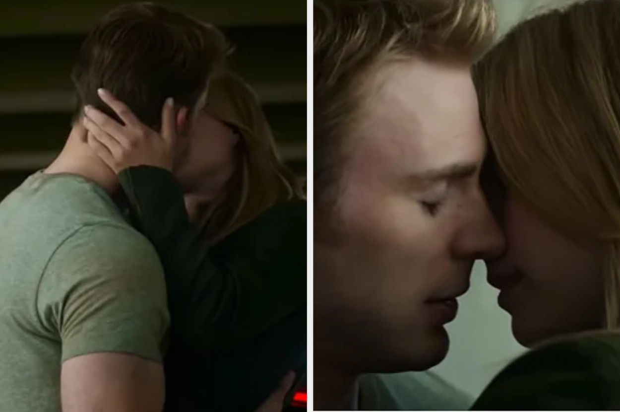 Two scenes from a film: On the left, a couple kissing. On the right, they are close to kissing