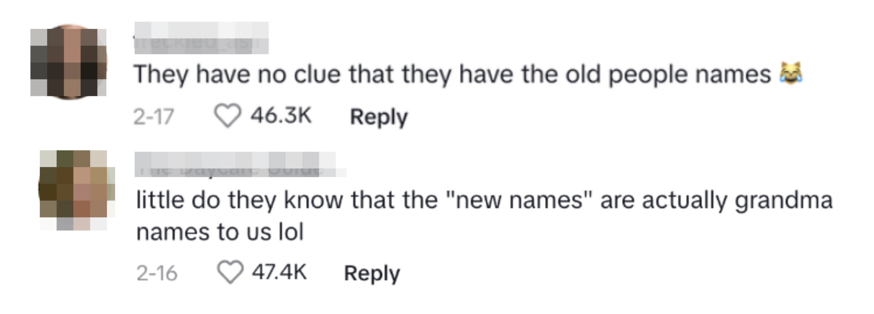 Two user comments on social media joking about old people names being considered new names