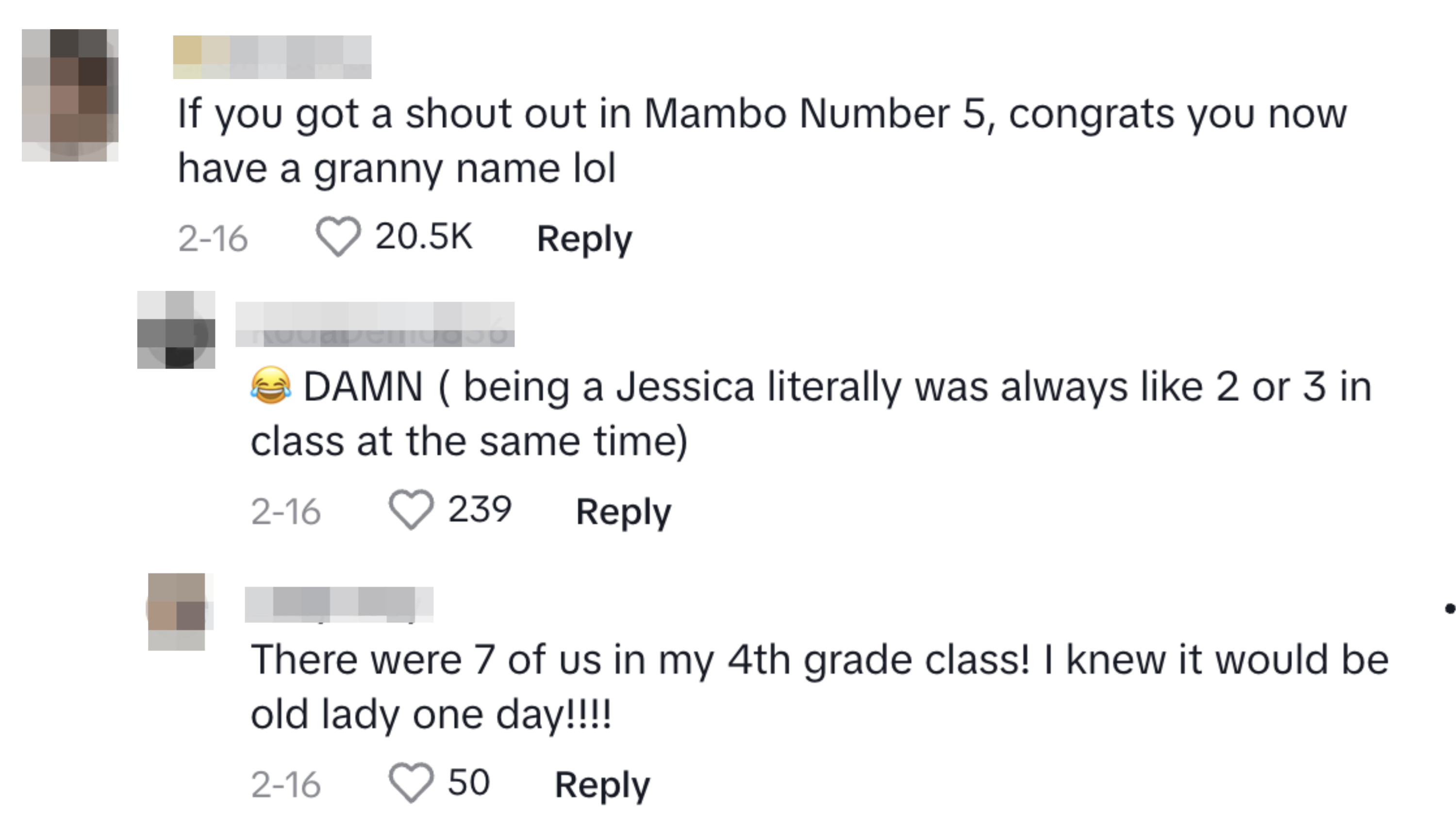 Three social media comments joking about the name Jessica being in the song &quot;Mambo Number 5&quot;