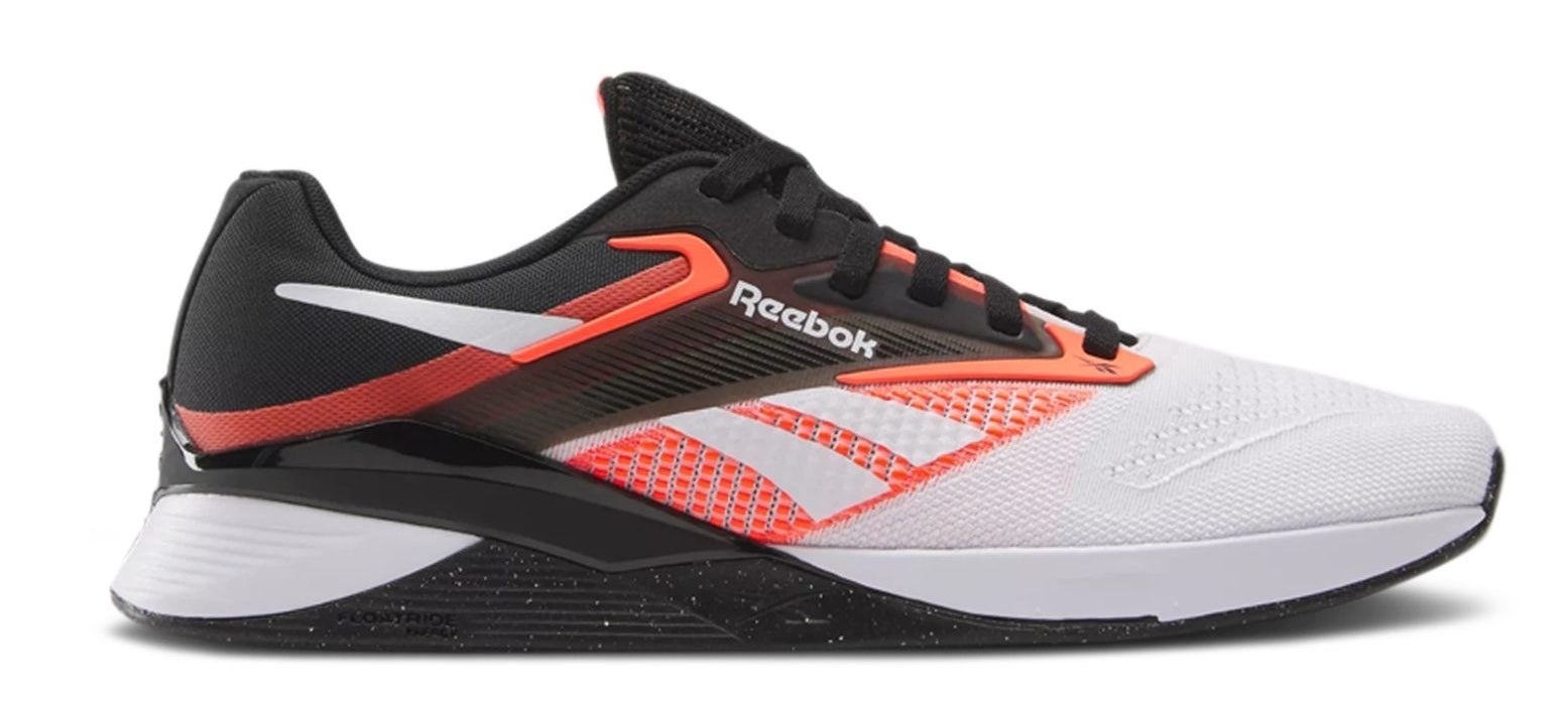 Side profile of a Reebok sneaker featuring contrast design with the brand&#x27;s logo
