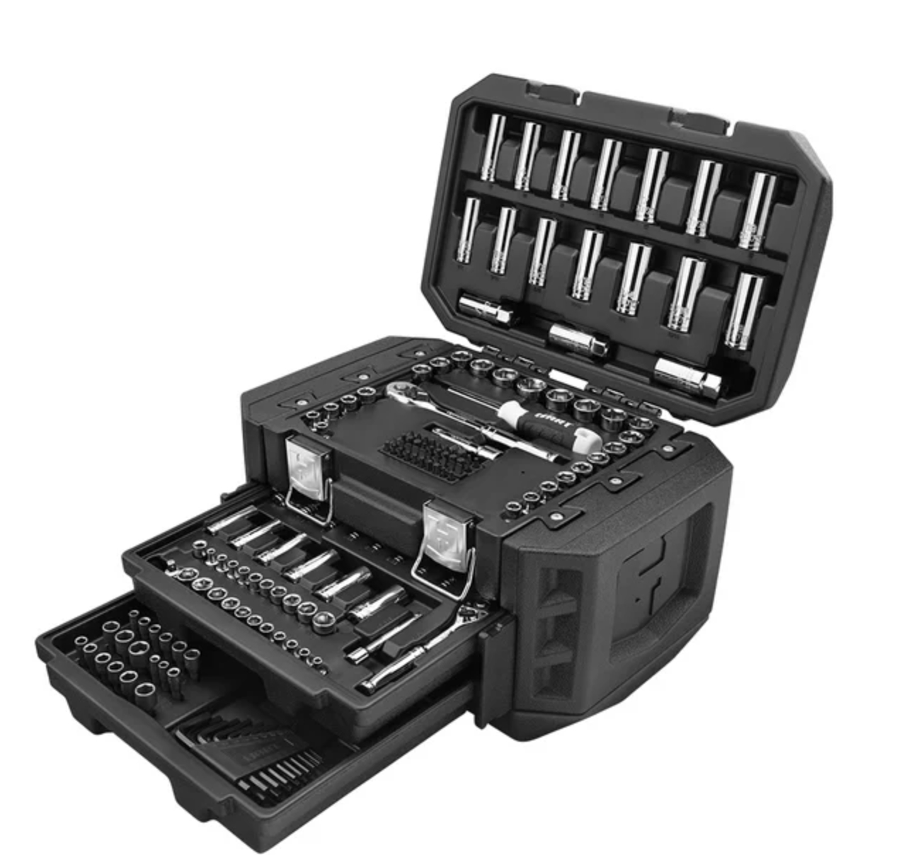 Open toolbox with various sizes of sockets and wrenches neatly organized in slots