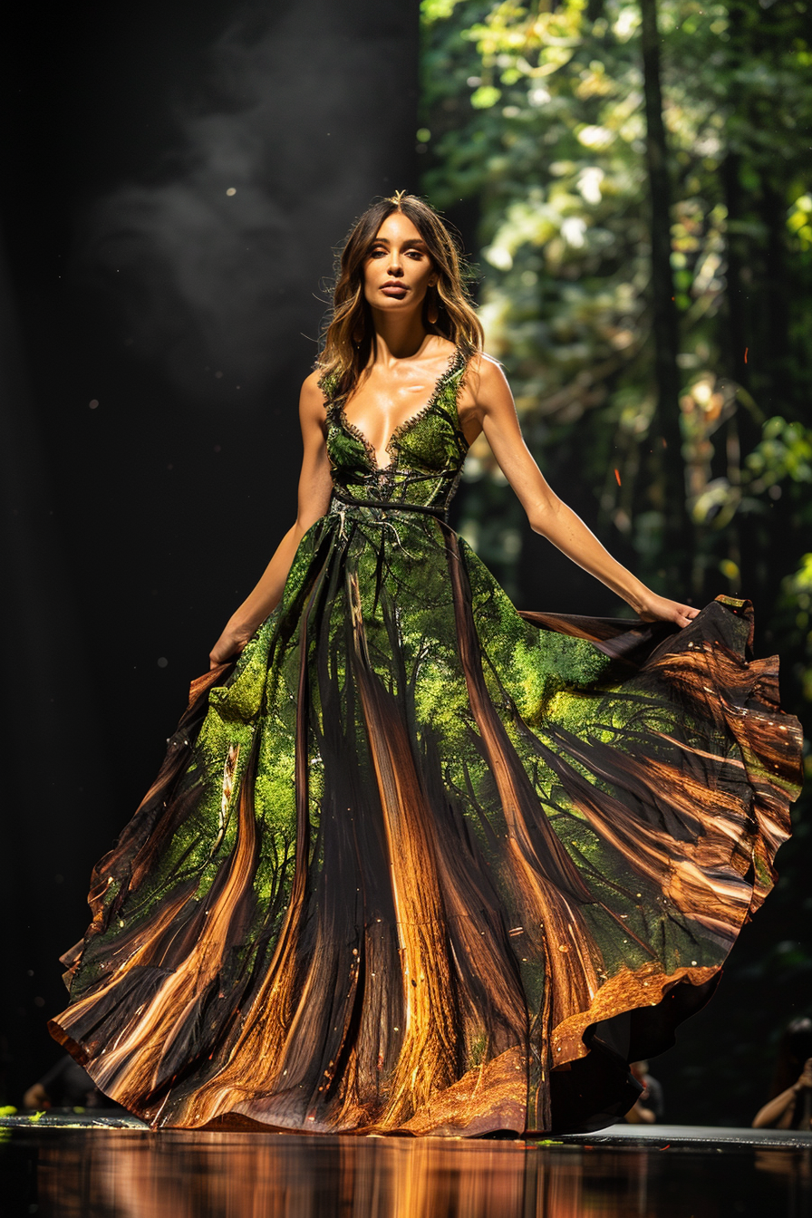 Woman in a forest-inspired gown, the dress features intricate tree and foliage designs