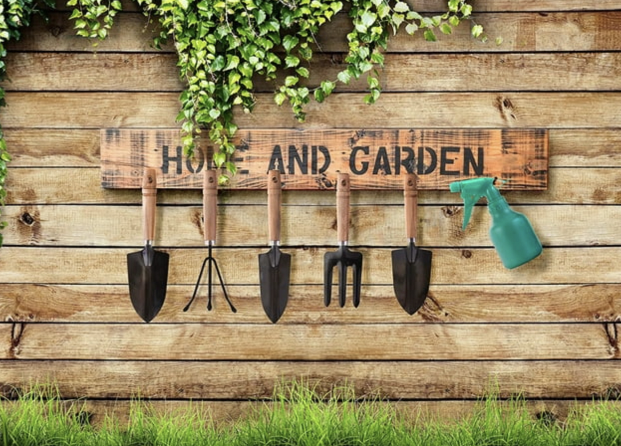 Gardening tools hung on wooden wall with &#x27;Home and Garden&#x27; sign