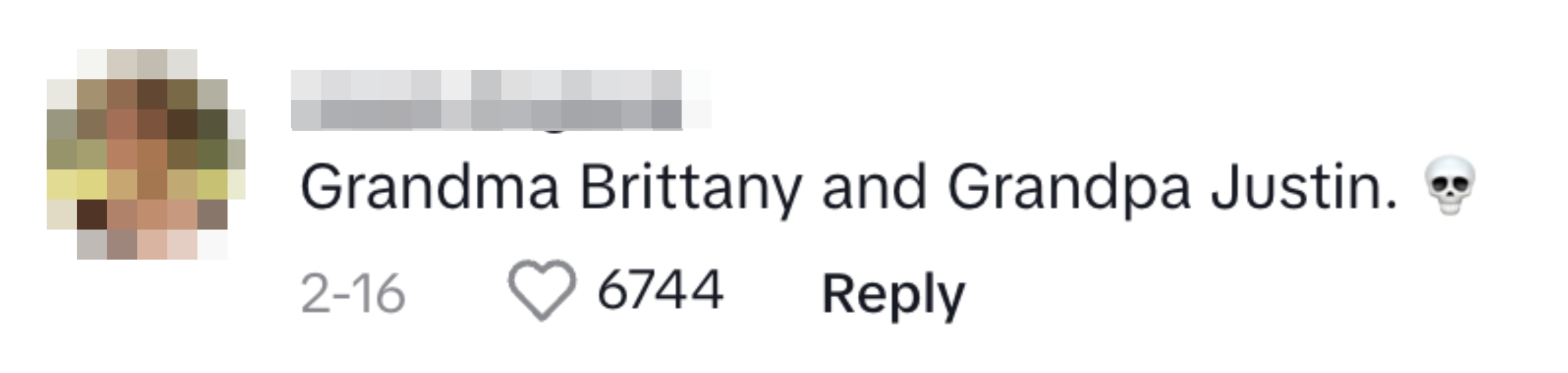 Profile photo of a person next to a comment about &quot;Grandma Brittany and Grandpa Justin&quot; with a skull emoji, likes and reply info visible