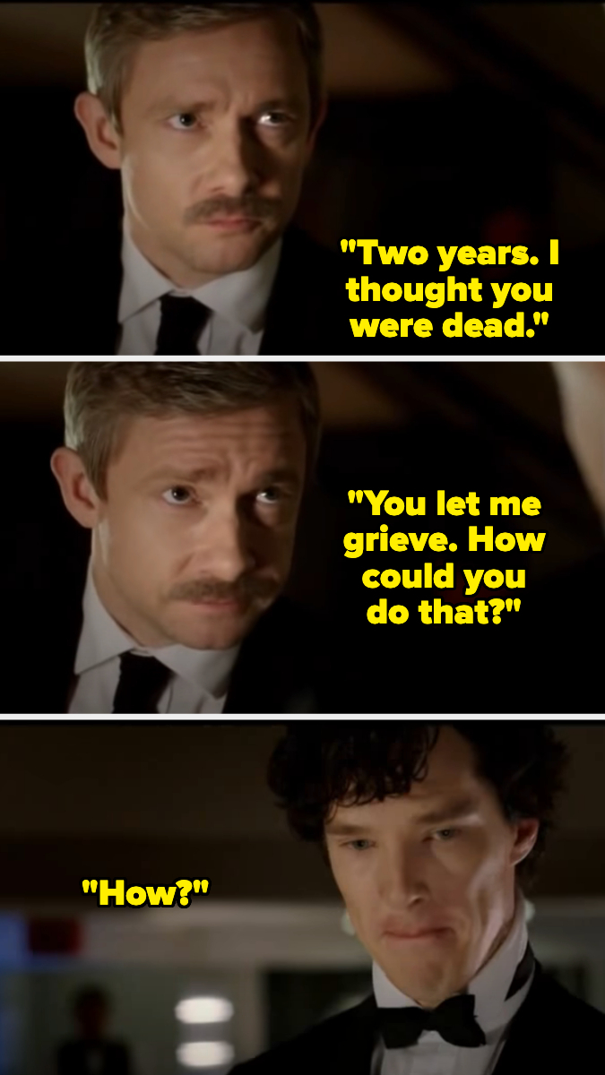 Three-panel image of John Watson and Sherlock Holmes from the TV show &quot;Sherlock&quot; engaged in an emotional conversation