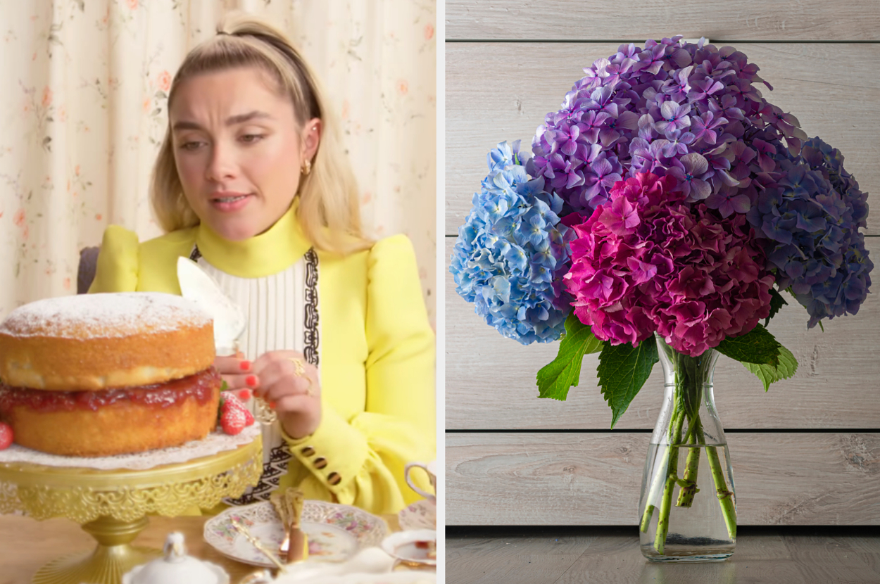 On the left, Florence Pugh looking at a Victoria sponge cake, and on the right, a bouquet of hydrangeas