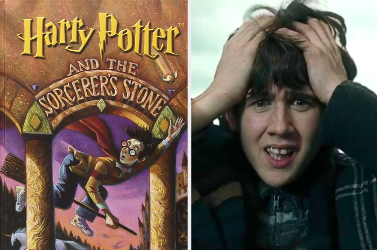 The first Harry Potter book and Neville Longbottom looking concerned.