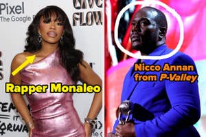 Monaleo poses on the red carpet vs Nicco Annan giving a speech while holding an award