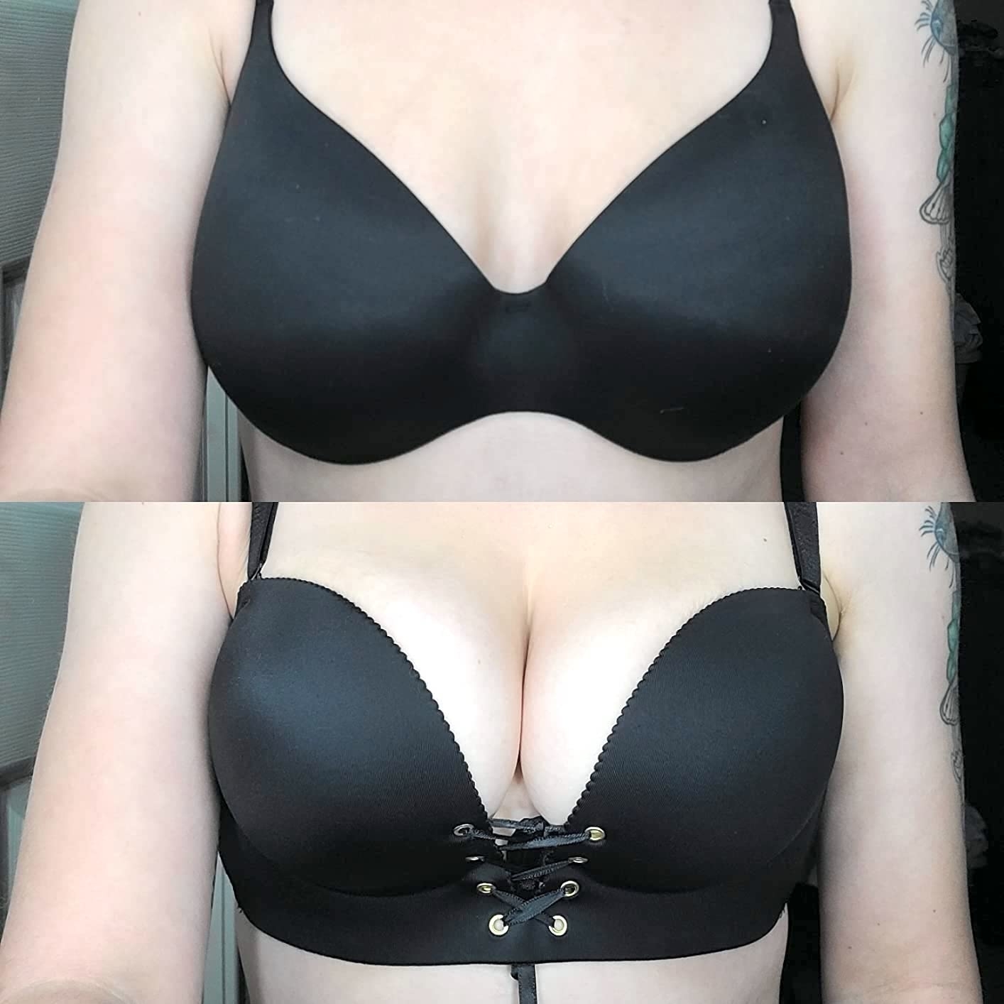 Woman wearing two styles of black bras for comparison, top has full coverage, bottom features a plunge design with lacing detail that lifts both boobs like a push-up