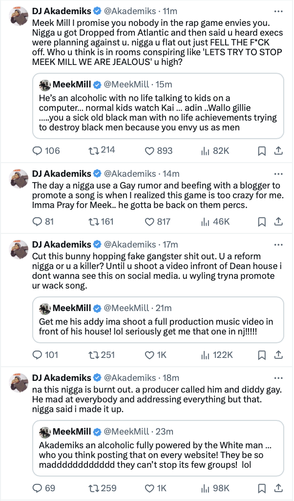 The image contains screenshots of tweets from DJ Akademiks discussing Meek Mill&#x27;s reactions to his music criticisms and a decision not to release an album