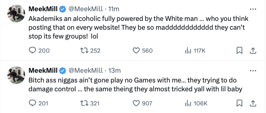 Two tweets by Meek Mill discussing frustration about people trying to control others, with varying levels of engagement shown