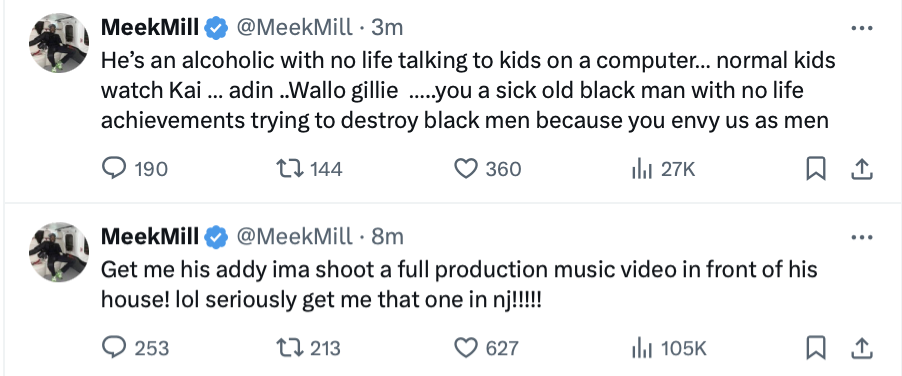Two tweets by Meek Mill expressing frustration, one hinting at a music video idea in response to criticism