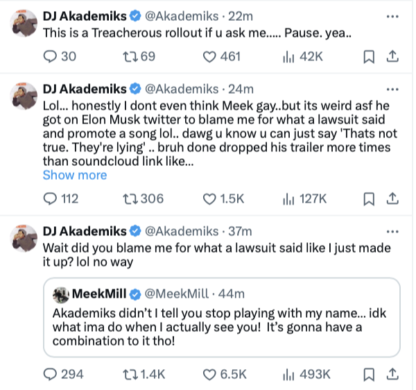 A screenshot of a tweet exchange between DJ Akademiks and Meek Mill discussing a music-related misunderstanding
