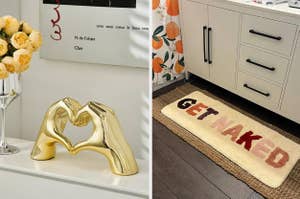 to the left: gold statue of hands making a heart-shape, to the right: a bath mat that says get naked