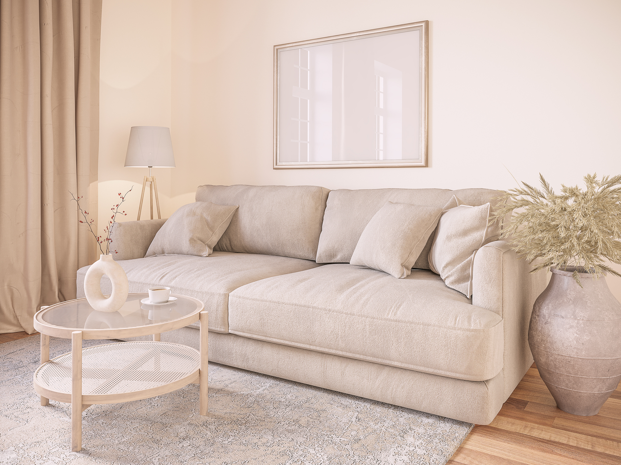 Neutral-toned living room with a plush sofa, round coffee table, and decorative vases