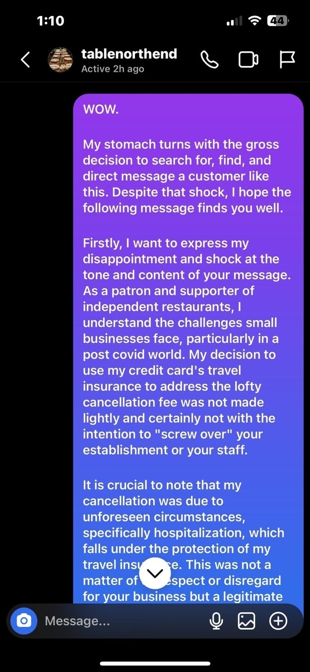 Screenshot of Trevor&#x27;s message to Jen stating that the decision to use his insurance was not made lightly and was done due to being hospitalized, which is covered by his credit card&#x27;s travel insurance