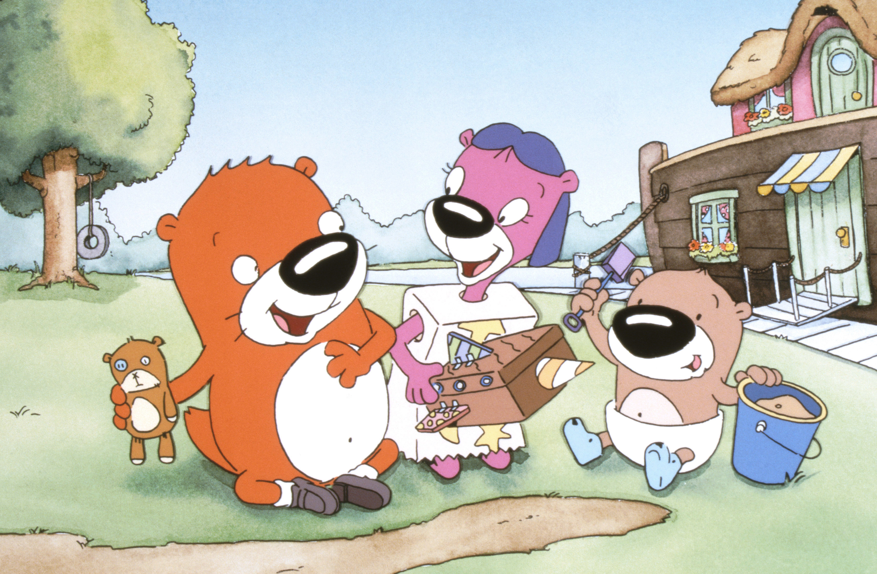 Three animated characters from &#x27;PB&amp;amp;J Otter&#x27;, Peanut, Jelly, and Baby Butter, are playing outside near their house